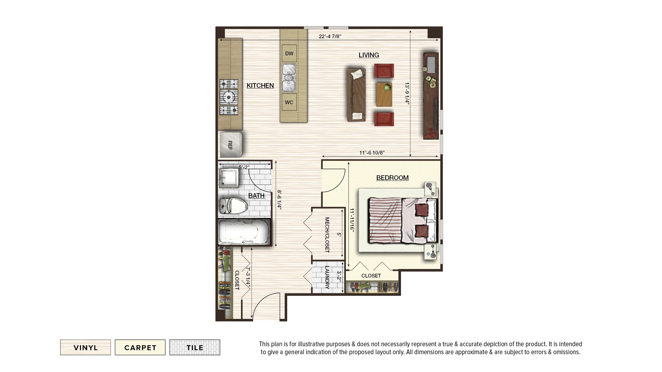 The Apex 2 apartment floor plan with 1 bedroom and 1 bath